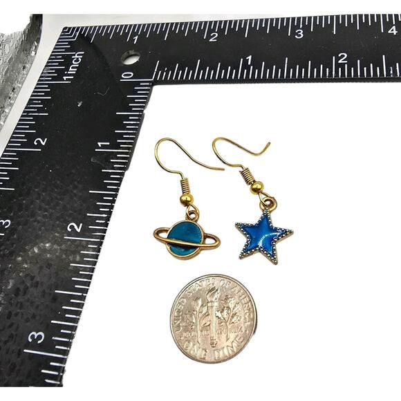 Planet Star Earrings Pierced Dangle Acrylic Blue Teal Gold Tone Setting - Picture 3 of 5